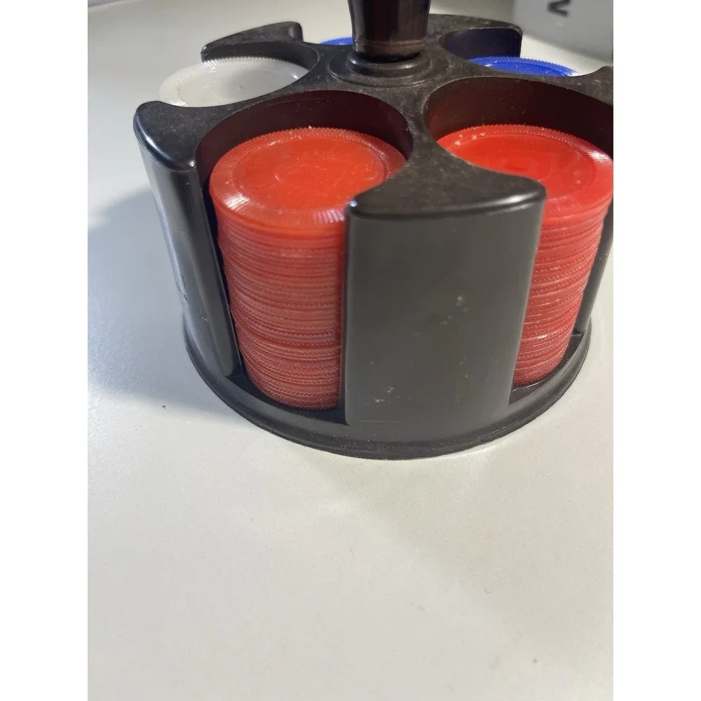 Vintage Poker‎ Chip Set and Brown Plastic Caddy Holder